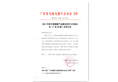 2021年度廣東線(xiàn)纜行業(yè)最具競(jìng)爭(zhēng)力企業(yè)10強(qiáng)第一名證書(shū)